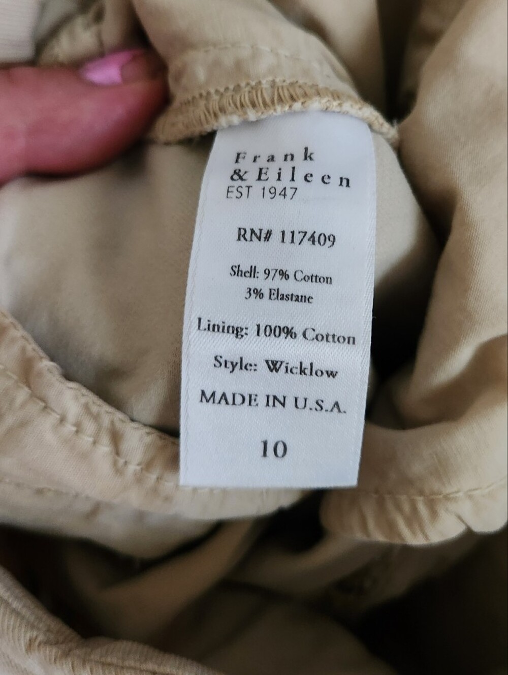 Frank & Eileen Pant Wicklow Cropped Tapered Leg Twill Chino Raw Hem Khaki Tan 10 - Picture 6 of 8